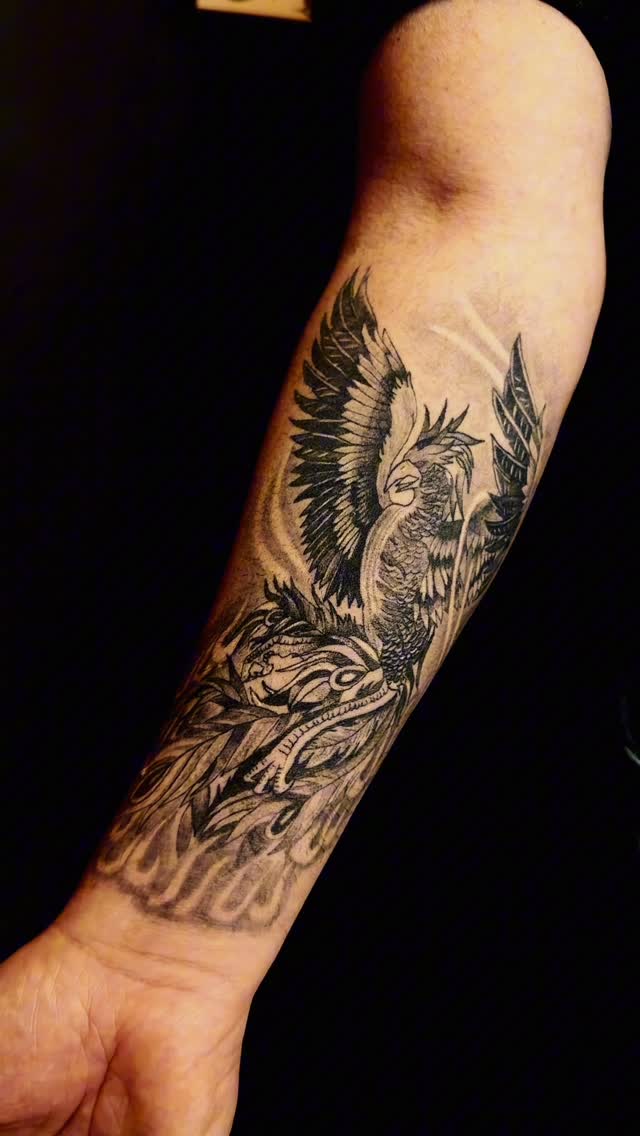 Yarı Realistik Siyah Gri Anka Kuşu Dövmesi | İç Kol & Dönüşüm Sembolü